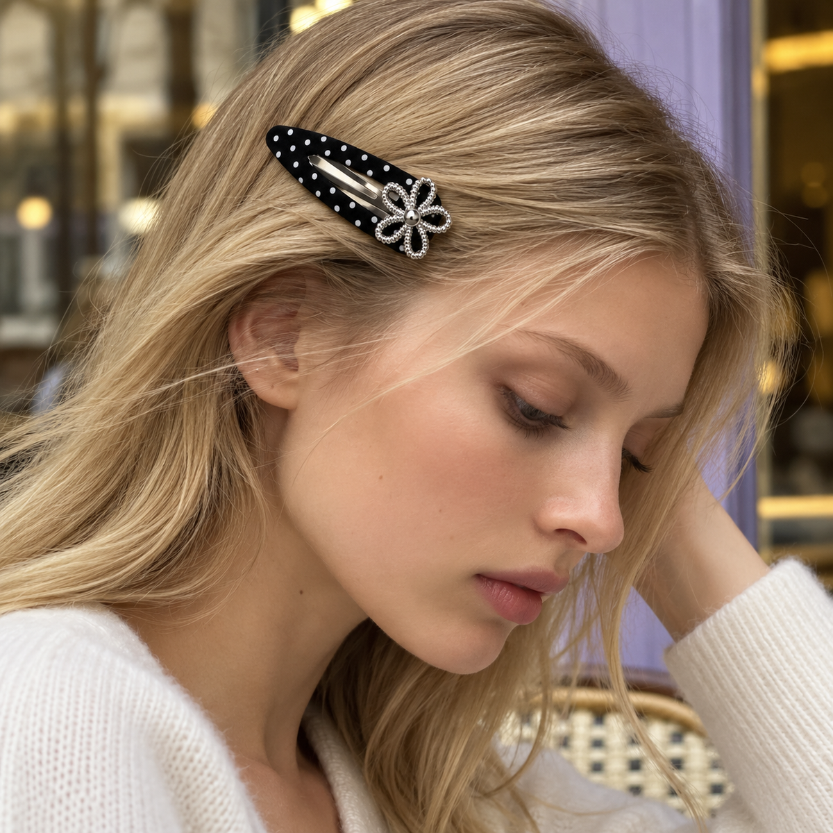 cotivie Noir Polka Dot Flower Barrette