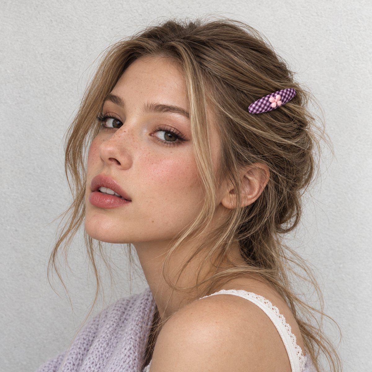cotivie Violet Gingham Flower Barrette